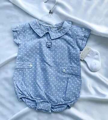 Blue Chambray Baby Boy Romper Suit & Socks  0-3 Months • £12.50