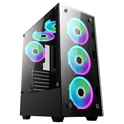 Gaming PC Computer Case RGB LED Mid Tower ATX Tempered Glass 6x Halo Ring Fans • £49.95