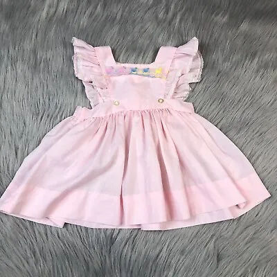 Vintage Baby Girls Pink Lace Ruffle Duck Embroidered Pinafore Dress Spring • $20