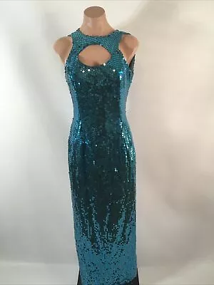 Vintage Nadine Sequin Aqua Caged Neck Sleek Gown ILGWU Party Cocktail Dress 90s • $100