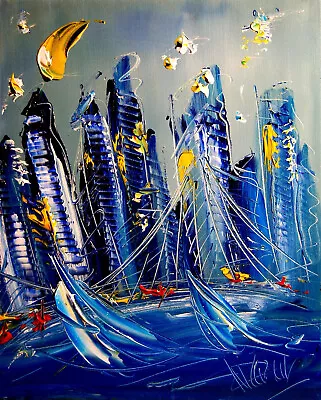 BLUE CITYSCAPE ORIGINAL By Mark Kazav  Abstract Modern CANVAS PSDJ9FJOB • $99