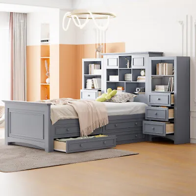 Twin Size Wood Bedroom Sets Platform Bed With Storage Drawers All-in-One Cabinet • $1119.99