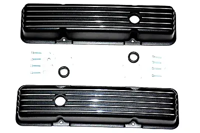 Tall Chevy Nostalgic BLACK Aluminum Finned Tall Valve Covers V8 350 400 Blanched • $77.50