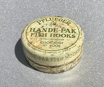 Vintage PFLUEGER HANDE-PAK FISH HOOKS TIN (2-1/2 Inch Dia.) • $4.95
