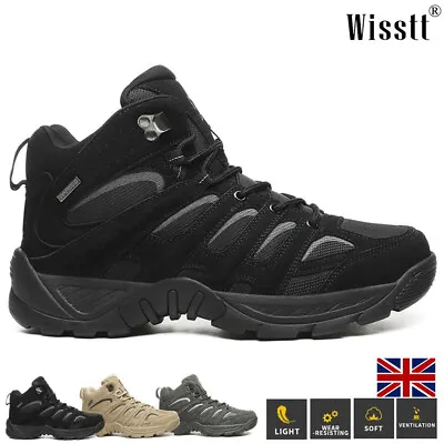 Mens Waterproof Boots Leather Memory Foam Walking Hiking Ankle Trainers Shoes • £29.99