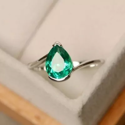 2Ct Pear Lab-Created Emerald Solitaire Engagement Ring 14K White Gold Plated • $83.84