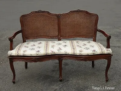 Vintage French Country Petite Cane Two Seater Settee Loveseat W Cushion  • $1250