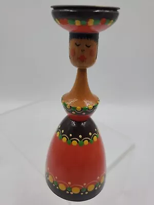 VTG Hand Painted Folk Art Wood Woman Doll Pillar Candleholder • $14.90