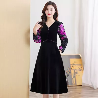 Womens Velvet Thickened Floral Dress Lined Warm Slim Fit V Neck Party Ball Gown • $44.68
