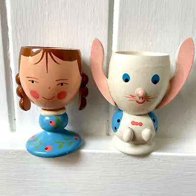 2 X Vintage Wood Wooden Egg Cups Novelty Kitsch Bunny Rabbit & Girl Easter VGc • £7.99
