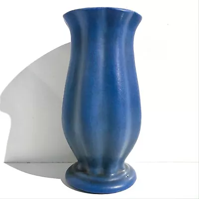 Art Deco Style Tall Pottery Vase Blue Matte Vintage Trumpet Fluted Heavyweight • $19.99