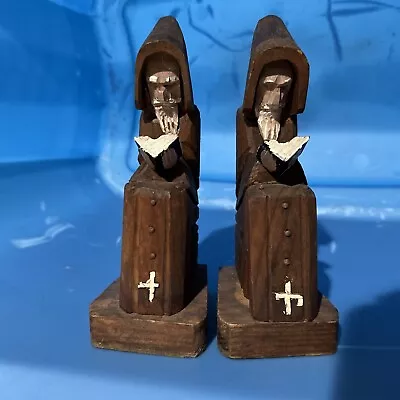 Vintage Hand Carved Wood Monk Bookends 7 7/8   Tall • $8.75