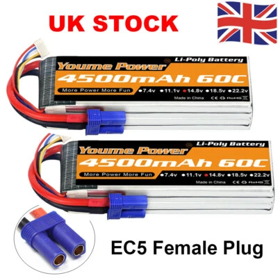 £64.99 • Buy 2pcs Youme 4500mAh 60C 14.8V 4S EC5 Lipo Battery For RC Car Boat Drone Helicopte