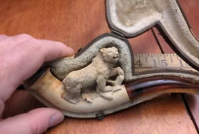 1930s MEERSCHAUM PIPE BEAR W/ TREE 6  ORNATE CARVED W/ CASE GERMANY? • $49.99