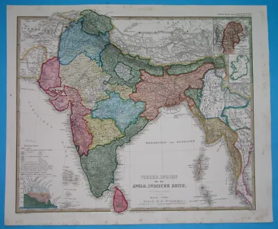 1865 Original Map India Ceylon Sikhs Nepal Kashmir Pakistan Bengal Lahore Delhi • $64.99