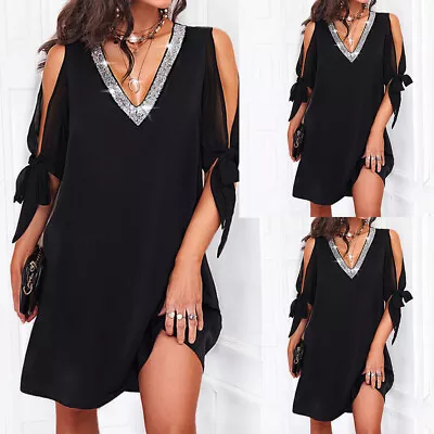 Sexy Womens V-Neck Solid Cold Shoulder Half Sleeve Sequin Summer T Shirt Dress • £12.59