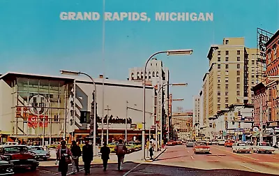 Main Street: Monroe Ave People Vintage Cars Stores Grand Rapids MI. Pre-63. • $4