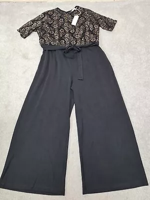 John Rocha Jumpsuit Size 22 UK Wide Leg Stretchy Lace Top Black Gold Pockets  • £19.99