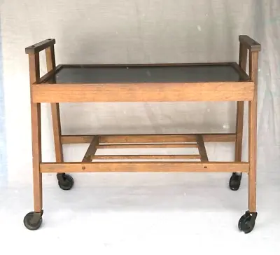 Mid Century Danish Modern Walnut Finish Wood Serving Rolling Serving Bar Cart • $119.99