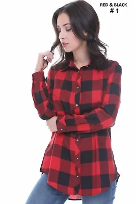 Womens Check Shirt Ladies Long Sleeve Plaid Check Summer Mini Dress UK Size 8-18 • £17.99