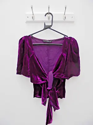 £4.99 • Buy ZARA Woman Purple Velour Flutter Sleeve Tie Front Top Womens Size XS