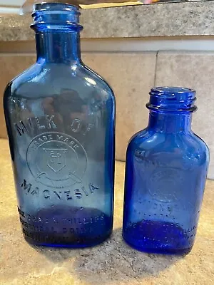 Two Vintage Cobalt Blue Glass Phillips Milk Of Magnesia Medicine Bottle 5” & 7  • $8