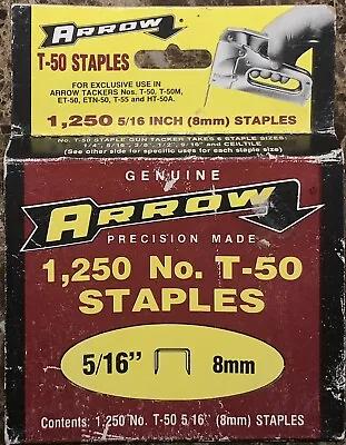 Genuine Arrow Fastener 5/16  (8mm) T50 Staples Steel 1250 Pack USA Made • $9.99