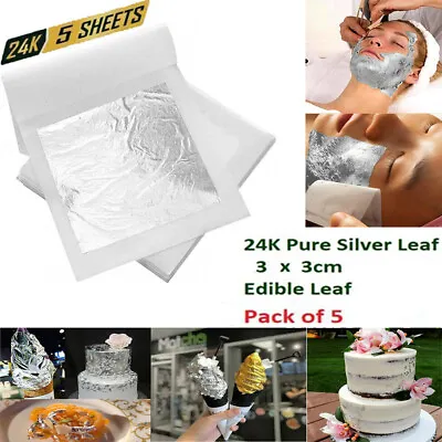 5x EDIBLE Silver Pure Foil Leaf Transfer 24 Carat Silver Decoration Sheets 3x3cm • £2.69