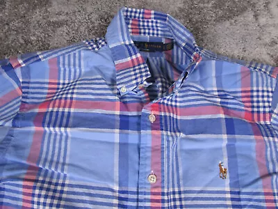 Polo Ralph Lauren Shirt Mens Large Blue Madras Plaid Flesh Pony Preppy • $19.49