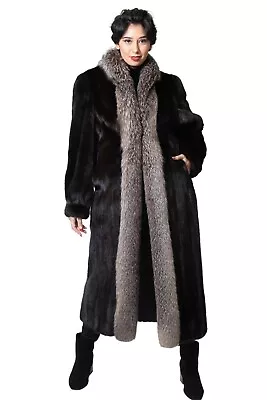 Natural Ranch Letout Mink Fur 51  Coat With Indigo Fox Fur Trim- Size 8-10 • $1895