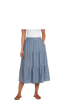 Matty M Ladies Tiered Midi Skirt Linen Blend Denim Large |B6 • $27.99