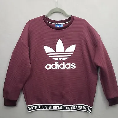 Adidas Ribbed Sweatshirt Women Medium 3 Stripes Big Logo Burgundy Long Sleeve • $14.77