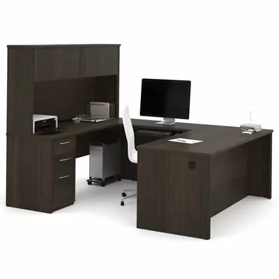 Pemberly Row 71  U Shaped Computer Desk With Hutch In Dark Chocolate • $1534.91