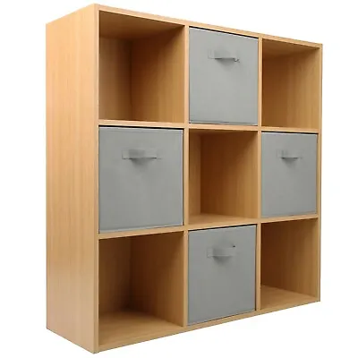 Oak 9 Cube 4 Grey Drawer Storage Bookcase Shelf Display Unit Shelving Stand • £69.99