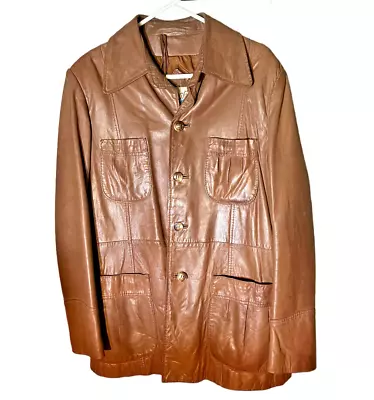 J. Riggings Mens Leather Jacket Safari Size 42 Cognac Tan Vented Western Vintage • $27.33