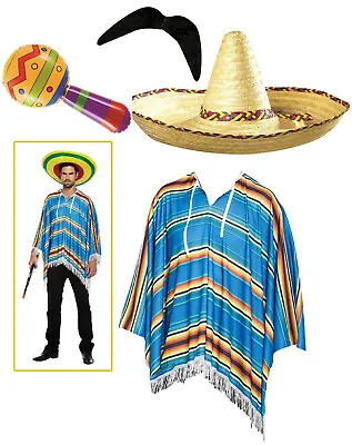 Mexican Poncho Sombrero Maracas Tash Fancy Dress Costume Mens Stag Party Outfit  • £21.95