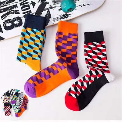 Socks Mens Cotton Socks Rich Coloured One Size Stripes Plaid Funky Design Bright • $6.76