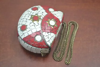 Handmade White And Red Coral Shell Clutch Vintage Brass Metal Purse #t-2103 • $20