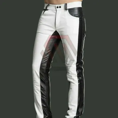 Men's Real Leather Motorcycle Biker Pants Jeans Trouser Bluf Black And White • $111.39