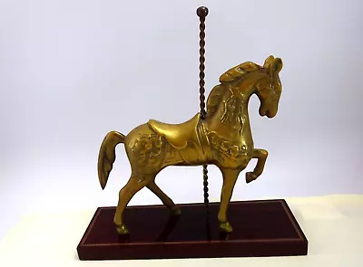 Vintage Brass Carousel Horse 9  Desk Top Display On Wooden Base Decorative Bh • $10