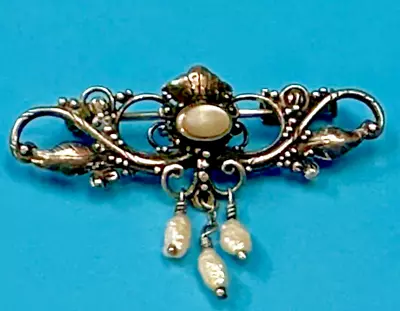 Victorian Style Mother Of Pearl Dangles 925 Sterling Silver Brooch Pin • $34.99