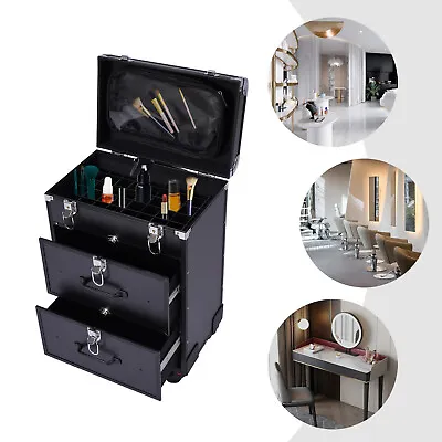 Cosmetic Storage Case Rolling Makeup Train Case Trolley Organizer & Locks Black • $74.10