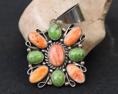 Vintage Navajo Sterling Lime Green Turquoise Spiny Oyster Pendant -L Etsitty • $223.95