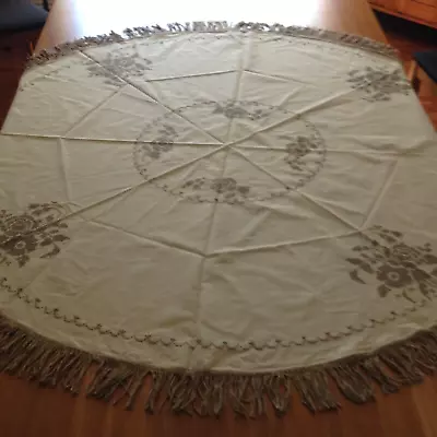 Vintage Cross Stitch Tablecloth  With Fringe - 60  Round - Very Nice! • $29.99