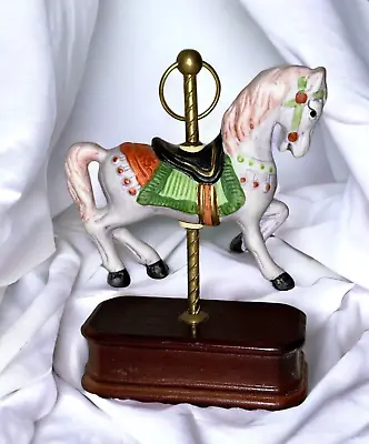 Vintage White Horse Carousel Merry Go Round Porcelain Horse Wooden Base Figurine • $6.99