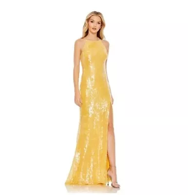 Mac Duggal NWT Sequined High Neck Strappy Low Back Gown In Sunshine Size 6 • £216.58