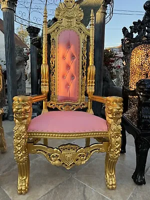 Pink & Gold Gothic Throne Medieval Style Chair With Lion Head Armrest • $1175