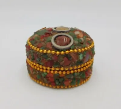 Mini Mosaic Tin Ring Trinket Box Embellished W Stones Velvet Lined • $9.99