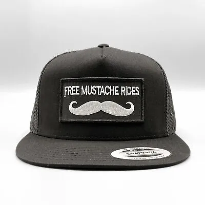 Free Mustache Rides Trucker Hat Funny Retro Moustache Patch Black Yupoong 6006 • $39.95