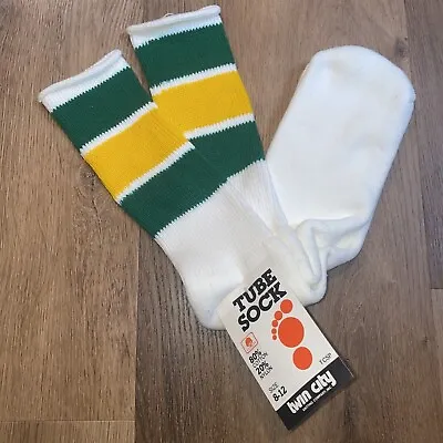 NEW Vtg 70s 80s Tube Socks Mid Calf Green Yellow Striped Athletic Nylon Mens NOS • $44.52